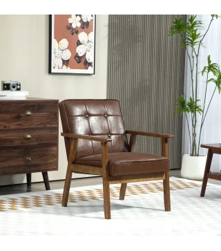 Butaca de Salón Tapizada en PU con Reposabrazos y Marco de Madera de Caucho Carga 120 kg Marrón