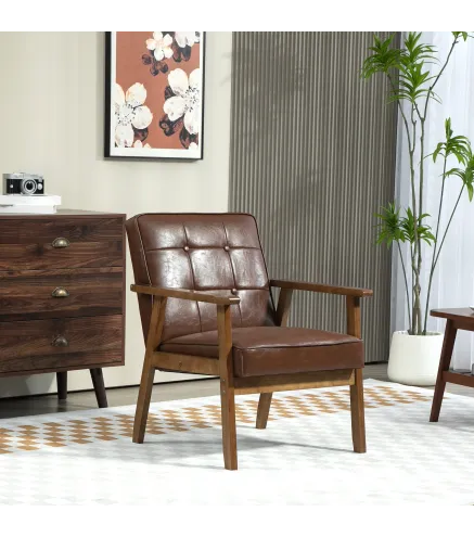 Butaca de Salón Tapizada en PU con Reposabrazos y Marco de Madera de Caucho Carga 120 kg Marrón