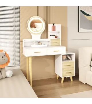 Tocador con Espejo y Luces LED Ajustables con 5 Cajones 4 Compartimentos y 1 Estante 100x44x137 cm Blanco y Natural