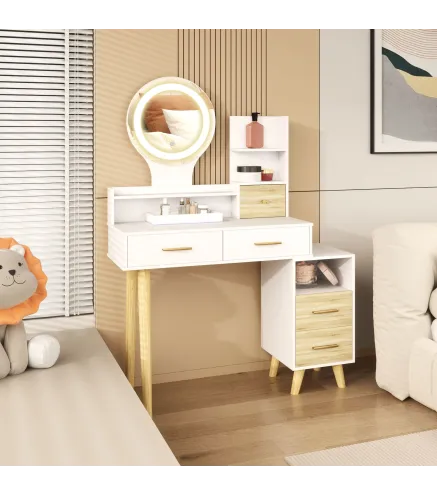 Tocador con Espejo y Luces LED Ajustables con 5 Cajones 4 Compartimentos y 1 Estante 100x44x137 cm Blanco y Natural