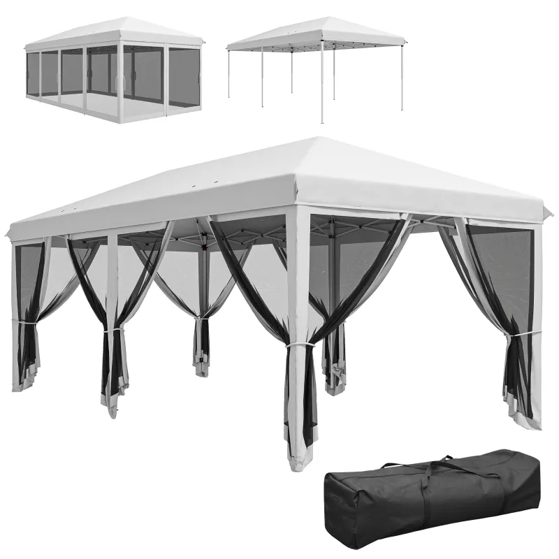 Carpa Plegable Pop-Up Gazebo 6x3 m con 6 Paredes Laterales de Malla Anti-UV y Bolsa de Transporte Crema