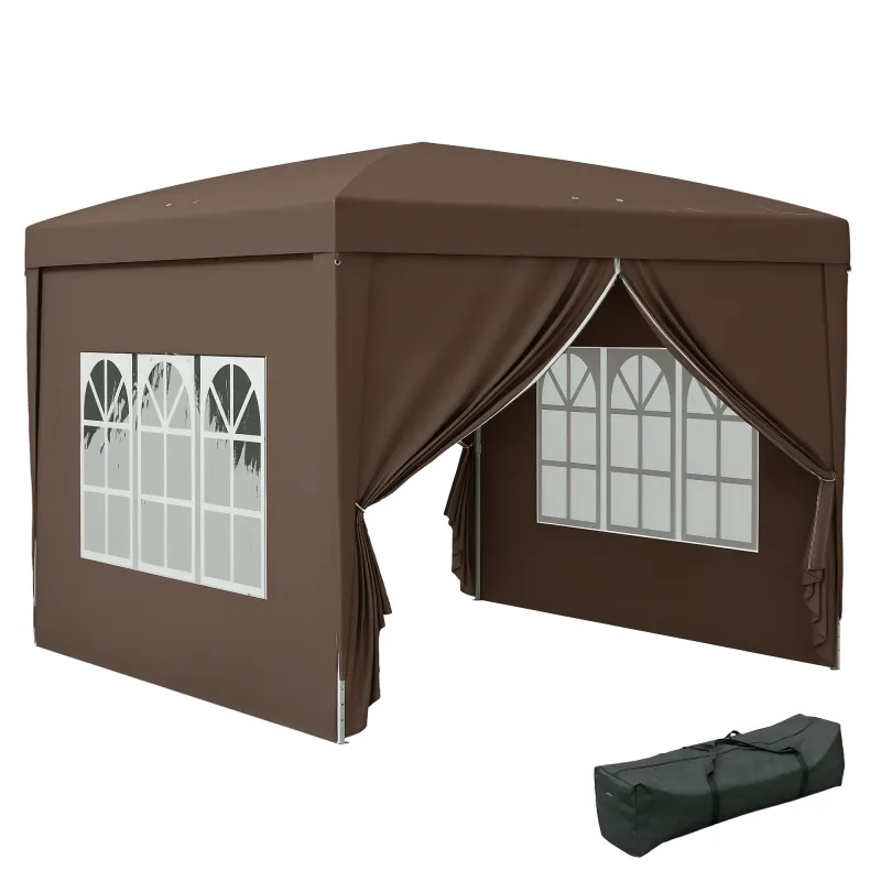 Carpa Plegable Pop-up 3x3 m con 4 Paredes Laterales Anti-UV y Bolsa de Transporte Café