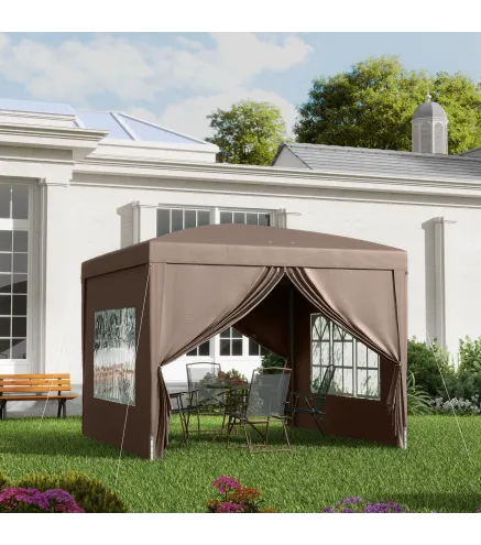 Carpa Plegable Pop-up 3x3 m con 4 Paredes Laterales Anti-UV y Bolsa de Transporte Café