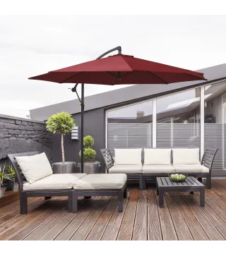 Sombrilla de Jardín Ø295 cm Parasol Excéntrico Inclinable con Manivela Base Cruzada y Soporte de Acero Granate