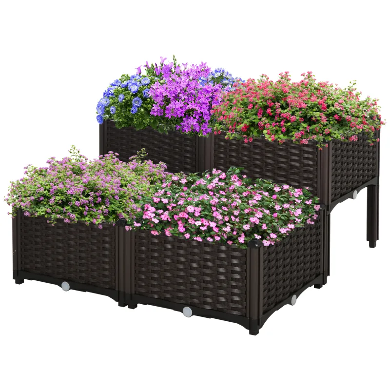 Juego de 4 Jardineras de Exterior Cuadradas Imitación a Mimbre Combinación Libre para Jardín Patio 40x40x26/44 cm Marrón Juego de 4 Jardineras de Exterior Cuadradas Imitación a Mimbre Combinación Libre para Jardín Patio 40x40x26/44 cm Marrón