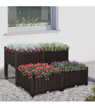 Juego de 4 Jardineras de Exterior Cuadradas Imitación a Mimbre Combinación Libre para Jardín Patio 40x40x26/44 cm Marrón