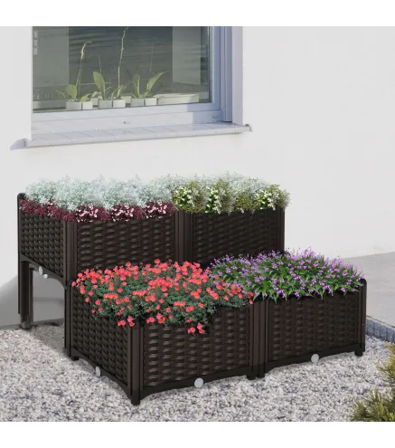 Juego de 4 Jardineras de Exterior Cuadradas Imitación a Mimbre Combinación Libre para Jardín Patio 40x40x26/44 cm Marrón