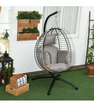 Silla Colgante con Soporte Cesta Plegable Cojín y Reposacabezas para Interior y Exterior Carga 120 kg Gris y Negro