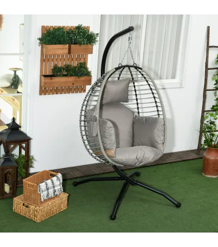 Silla Colgante con Soporte Cesta Plegable Cojín y Reposacabezas para Interior y Exterior Carga 120 kg Gris y Negro