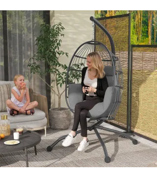 Silla Colgante con Soporte Cesta Plegable Cojín y Reposacabezas para Interior y Exterior Carga 120 kg Gris