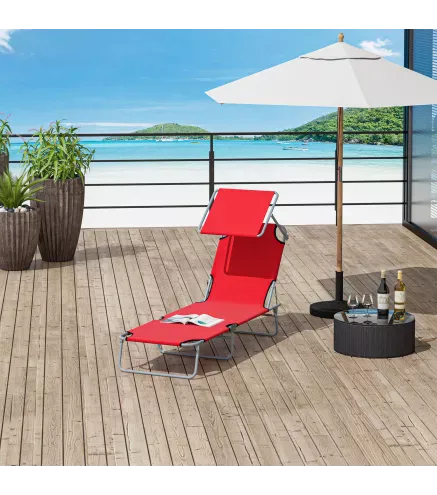 Tumbona de Jardín Exterior Reclinable con Toldo Desmontable Respaldo Ajustable en 4 Niveles 187x58x36 cm Rojo