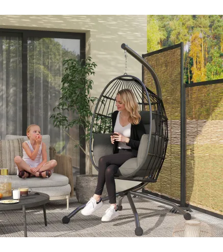 Silla Colgante con Soporte Cesta Plegable Cojín y Reposacabezas para Interior y Exterior Carga 120 kg Negro