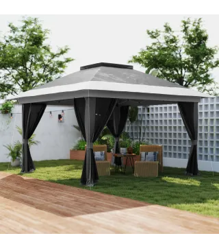 Cenador Plegable 3,6x3,6 m con Laterales de Malla UPF50+ Altura Ajustable Bolsa con Ruedas y Bolsas de Arena Gris