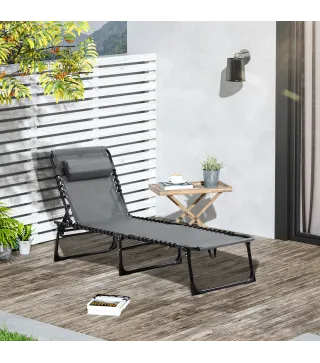 Tumbona Plegable con Respaldo Ajustable Reposacabezas Acolchado y Estructura de Acero para Exterior 189x58x30 cm Gris