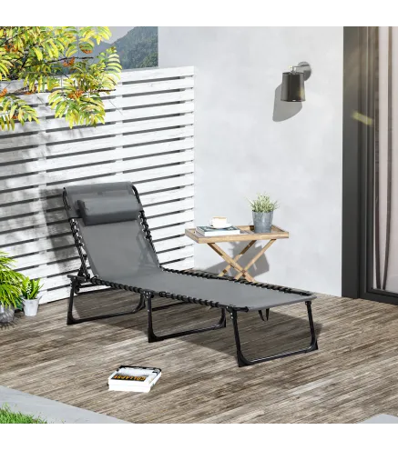 Tumbona Plegable con Respaldo Ajustable Reposacabezas Acolchado y Estructura de Acero para Exterior 189x58x30 cm Gris