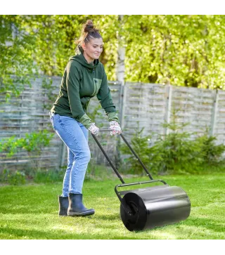Rodillo para Césped de 38L Relleno de Arena o Agua con Mango en U para Jardín Granja Negro