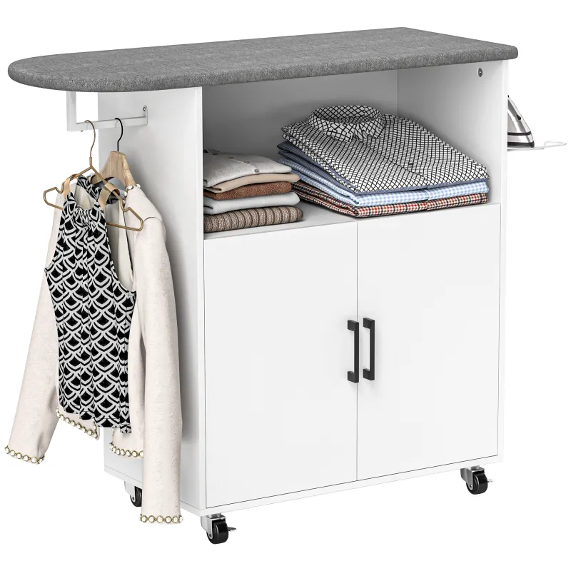 Mueble de Planchar con Ruedas Barra para Colgar Ropa Estante Abierto y Tabla de Planchar 125x43,5x102,5 cm Blanco