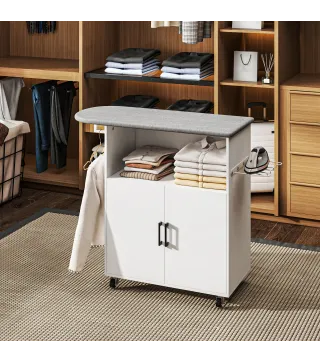 Mueble de Planchar con Ruedas Barra para Colgar Ropa Estante Abierto y Tabla de Planchar 125x43,5x102,5 cm Blanco