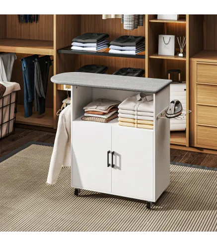 Mueble de Planchar con Ruedas Barra para Colgar Ropa Estante Abierto y Tabla de Planchar 125x43,5x102,5 cm Blanco