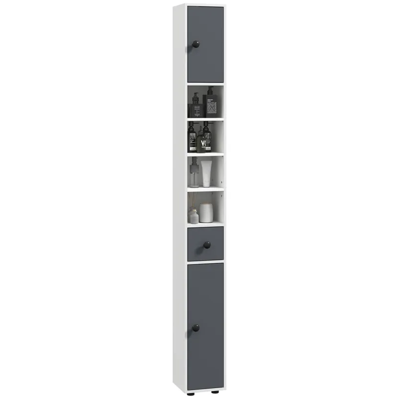 Columna de Baño con 1 Cajón 5 Estantes y 2 Puertas para Salón Dormitorio Carga 30 kg 20x20x180 cm Gris