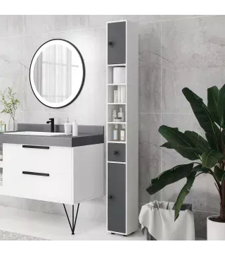 Columna de Baño con 1 Cajón 5 Estantes y 2 Puertas para Salón Dormitorio Carga 30 kg 20x20x180 cm Gris