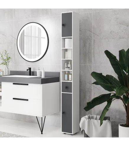 Columna de Baño con 1 Cajón 5 Estantes y 2 Puertas para Salón Dormitorio Carga 30 kg 20x20x180 cm Gris