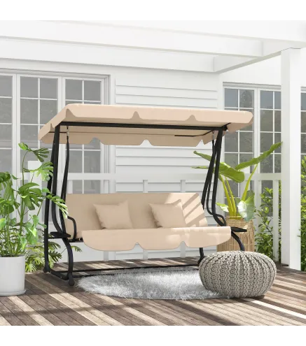 Balancín de Jardín Exterior de 3 Plazas 2 en 1 con Toldo Ajustable Bandejas Laterales y Cojines 200x120x164 cm Arena