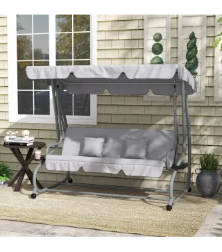 Balancín de Jardín Exterior de 3 Plazas Convertible en Cama con Toldo Ajustable y 2 Almohadas Carga 340 kg Gris