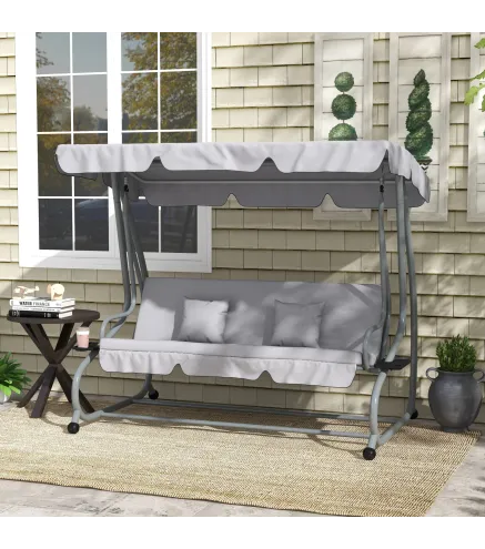 Balancín de Jardín Exterior de 3 Plazas Convertible en Cama con Toldo Ajustable y 2 Almohadas Carga 340 kg Gris