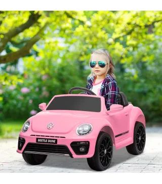 Coche Eléctrico para Niños de +3 Años Volkswagen Beetle con Batería 12V Mando a Distancia Faros Bocina y Música Rosa