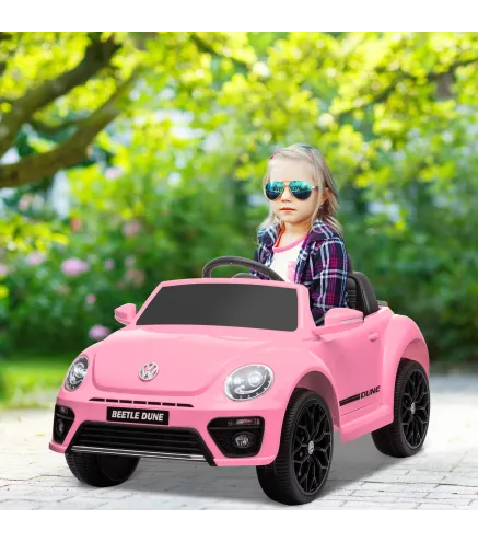 Coche Eléctrico para Niños de +3 Años Volkswagen Beetle con Batería 12V Mando a Distancia Faros Bocina y Música Rosa