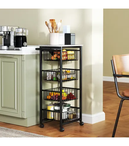 Carrito Verdulero para Cocina con 4 Cestas Deslizables y Marco de Acero 49,5x31x91 cm Gris Claro