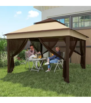 Carpa Plegable 3,26x3,26x2,72m con Doble Techo Altura Ajustable Mosquiteras Protección UV30+ y Bolsa de Transporte Beige