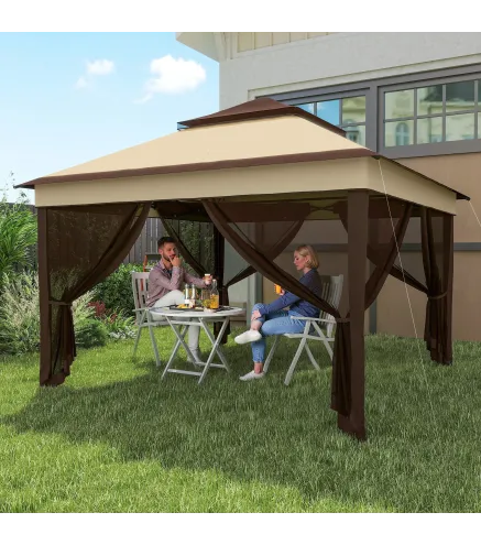 Carpa Plegable 3,26x3,26x2,72m con Doble Techo Altura Ajustable Mosquiteras Protección UV30+ y Bolsa de Transporte Beige
