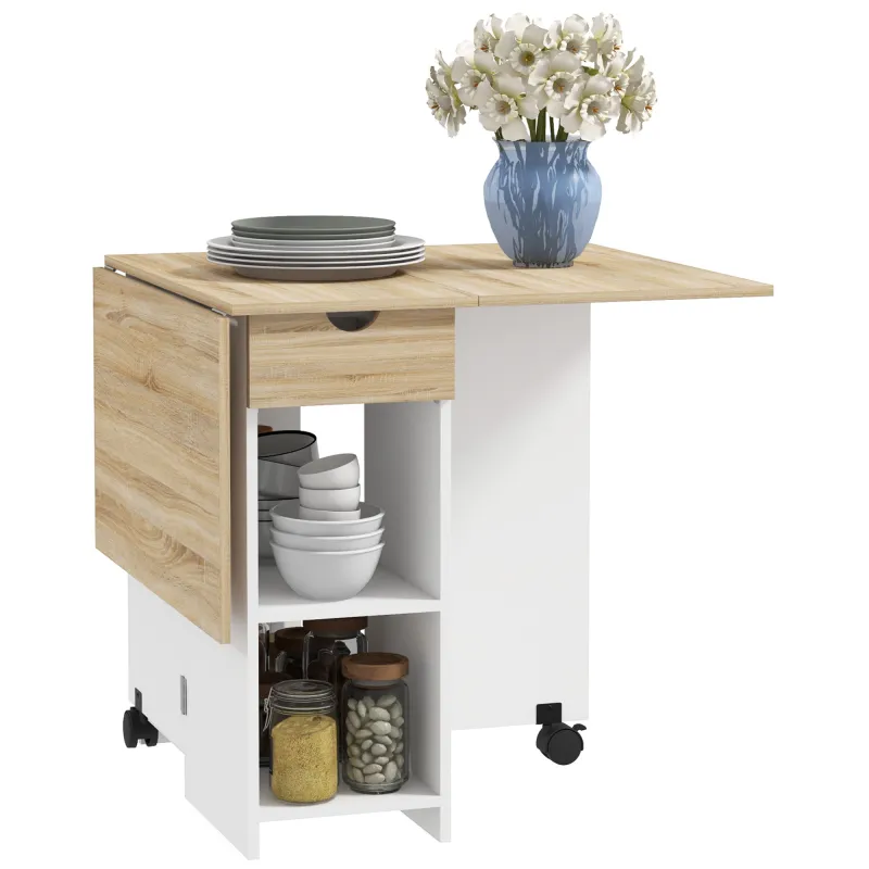 Mesa de Cocina Plegable con Ruedas Alas Abatibles Cajón y Estantes para 2-4 Personas 120x72x75 cm Roble y Blanco