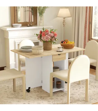 Mesa de Cocina Plegable con Ruedas Alas Abatibles Cajón y Estantes para 2-4 Personas 120x72x75 cm Roble y Blanco