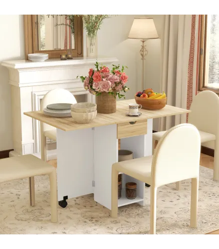 Mesa de Cocina Plegable con Ruedas Alas Abatibles Cajón y Estantes para 2-4 Personas 120x72x75 cm Roble y Blanco