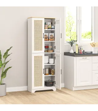 Alacena de Cocina con Estantes Ajustables Puertas de Ratán y Sistema Anti-vuelco 60x30x170 cm Blanco