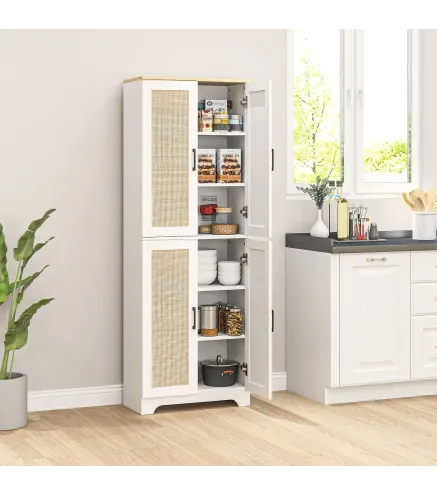 Alacena de Cocina con Estantes Ajustables Puertas de Ratán y Sistema Anti-vuelco 60x30x170 cm Blanco