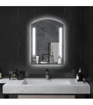 Espejo de Baño con Luces LED 70x50 cm Interruptor Táctil Iluminación Regulable y Estante de Vidrio Plata