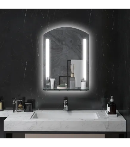 Espejo de Baño con Luces LED 70x50 cm Interruptor Táctil Iluminación Regulable y Estante de Vidrio Plata