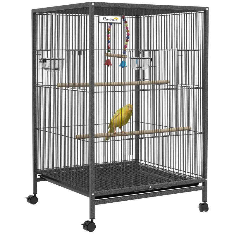 Jaula para Pájaros con Ruedas con Comederos Perchas Columpio Estante y Bandeja Extraíble 48x46x78 cm Gris