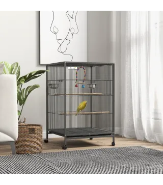 Jaula para Pájaros con Ruedas con Comederos Perchas Columpio Estante y Bandeja Extraíble 48x46x78 cm Gris