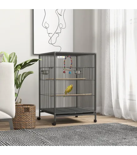 Jaula para Pájaros con Ruedas con Comederos Perchas Columpio Estante y Bandeja Extraíble 48x46x78 cm Gris