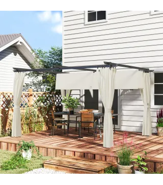 Pérgola con Techo Retráctil 4x3 m Cenador con Paredes Laterales Anti-UV Resistente al Agua para Jardín Patio Crema