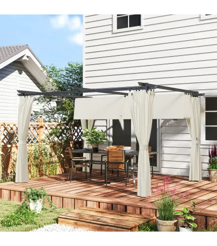 Pérgola con Techo Retráctil 4x3 m Cenador con Paredes Laterales Anti-UV Resistente al Agua para Jardín Patio Crema