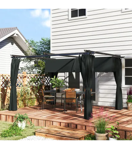 Pérgola con Techo Retráctil 4x3 m Cenador con Paredes Laterales Anti-UV Resistente al Agua para Jardín Patio Gris Oscuro