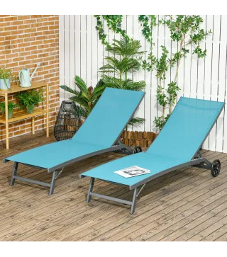 Juego de 2 Tumbonas Reclinables de Jardín de Aluminio con Respaldo Ajustable y Ruedas 165x66x102 cm Azul y Gris