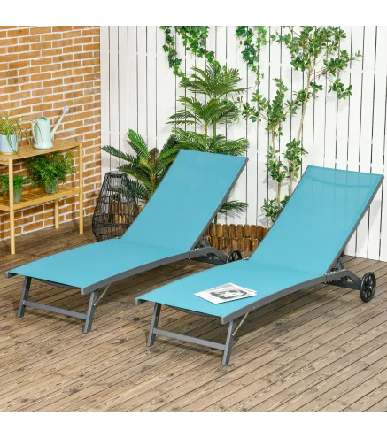 Juego de 2 Tumbonas Reclinables de Jardín de Aluminio con Respaldo Ajustable y Ruedas 165x66x102 cm Azul y Gris