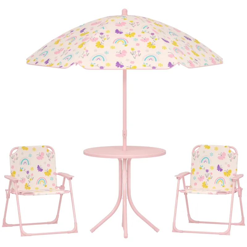 Conjunto Infantil de Jardín Plegable con 2 Sillas Mesa y Sombrilla Ajustable para Niños de 2 a 5 Años Rosa